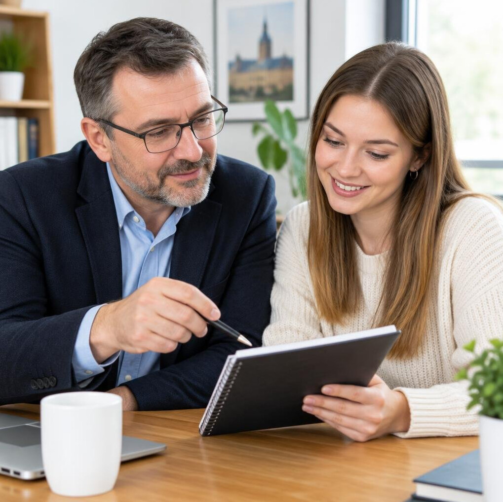 Trainer helping a trainee review notes