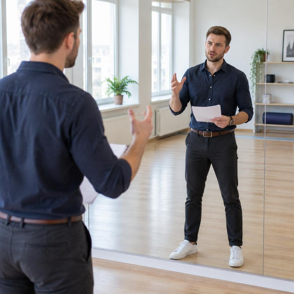 Man rehearsing a speech in front of a mirror