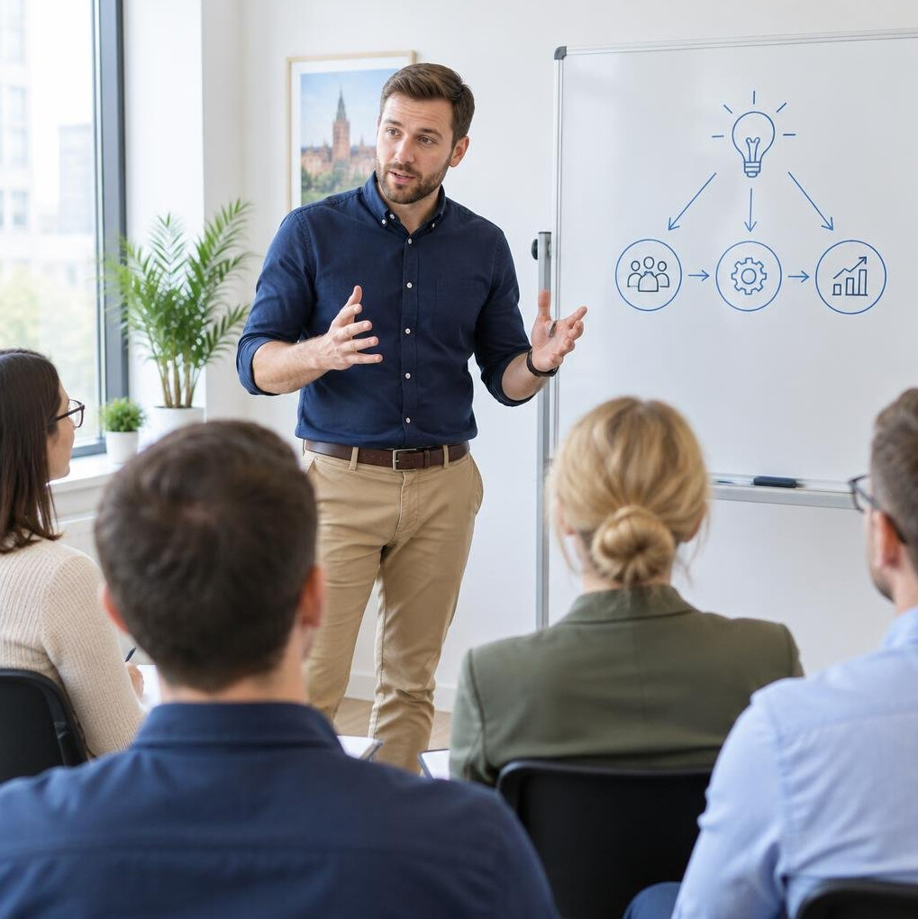 Trainer gesturing while speaking to seated audience