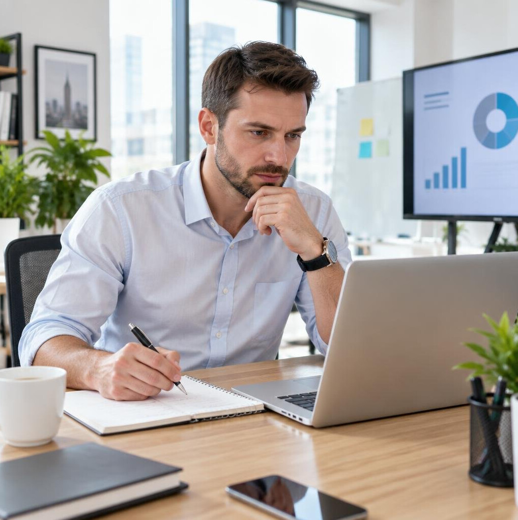 Man working at a desk with a laptop